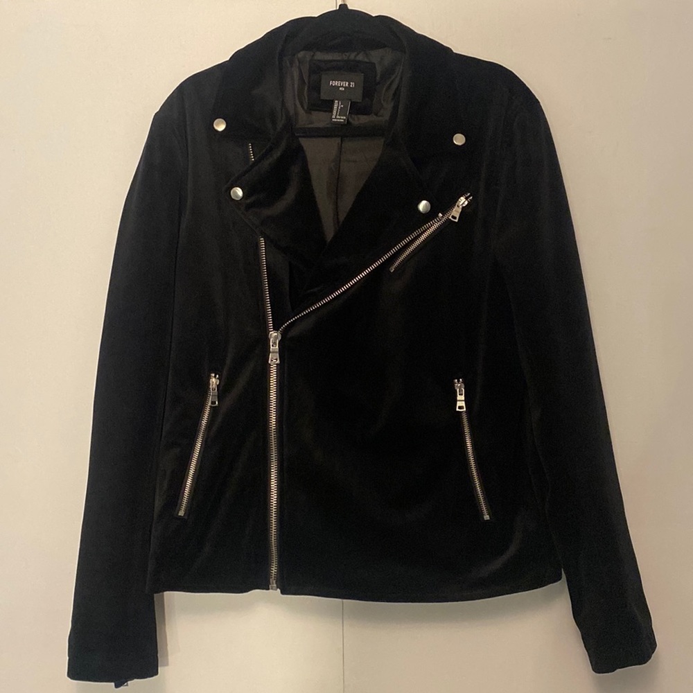 Forever 21 Men Black Velvet Biker Jacket - Men’s Large